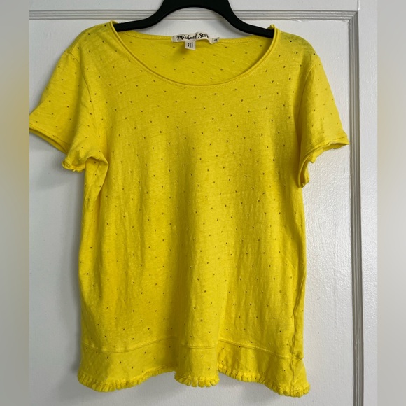 Michael Stars Yellow Short Sleeve Crewneck Fringe Tee Size Medium - Picture 2 of 8